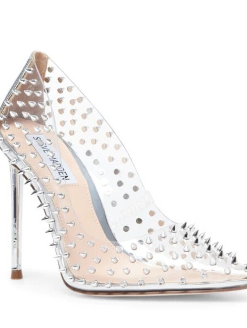 Steve Madden Vala-S Clear Spike Pointed Toe Pump in Silver Accents Size 9.5
